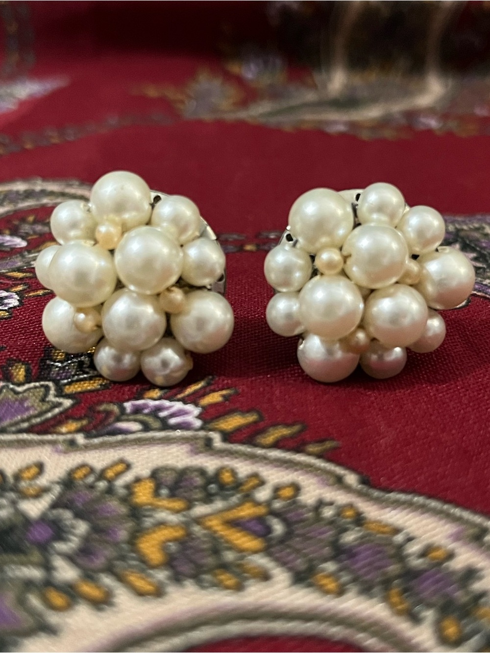 Vintage Marked Japan Faux Pearl Cluster Clip-On Earrings